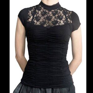 Black Lace Gathered Short Sleeved Blouse